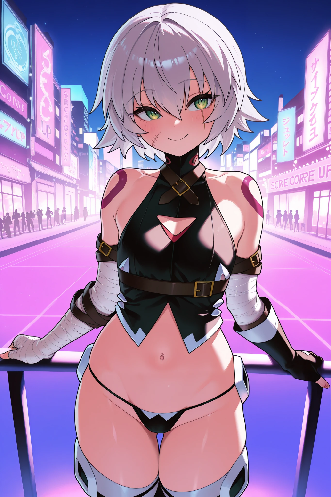 {{{masterpiece}}}, {{{best quality}}}, {{ultra-detailed}}, {illustration}, {{an extremely delicate and beautiful}},One girl,Silver Hair,short hair,Waistline,smile,Plump thighs,Groin,tall,cute,smile,Black ribbon hair band,Female ninja,ninja,naruto,shinobi,Combat Ready,Black Pantyhose,Fishnet camisole,made of net,loincloth{Bright fluorescent green Japanese style school girl uniform},{A bright fluorescent green miniskirt},{2 Japanese swords},Uplifting,Spread your legs,rib cage,Ribs,cyber punk,future,sf,Japanese cities,Underground,Future City,Metropolis,cyborg,25th century,erection of nipple,mascle,muscle,Abdominal muscles,muscular々,brawny,Biceps,Scattered cherry blossom petals,garter belt、Reverse dress,NuBra,slingshot,Leg spread,squat,Cowgirl,straddle