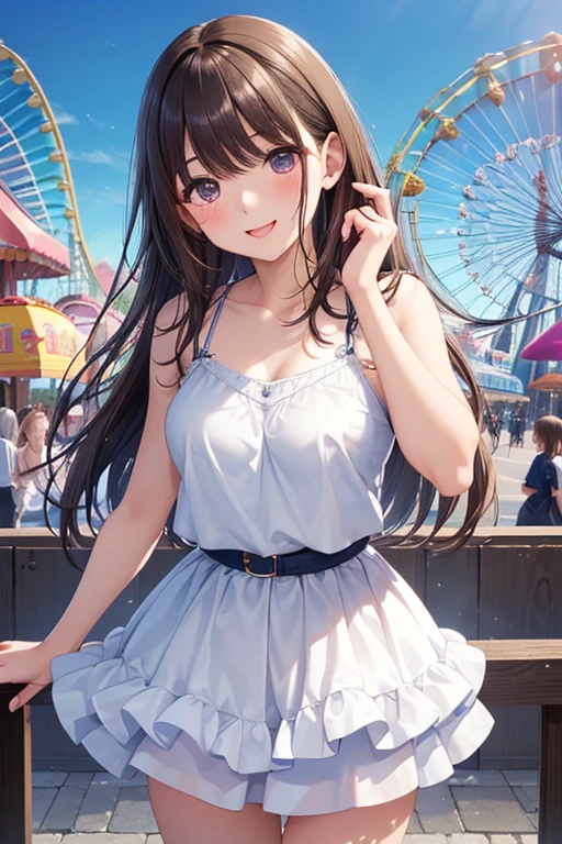 Very detailed、(8k, RAW Photos, highest quality, masterpiece:1.2), (Very detailed 8k wallpaper),shape、Professional Lighting,Sharp focus, Written boundary depth,
Browsing Caution, Clear Eyes, Perfect Anatomy, With a girl, , cute, adorable, smiling, straight hair, long hair, black hair, standing, Swayback stance, looking at the camera, From the front, from thighs to head, pool, daylight, bikini