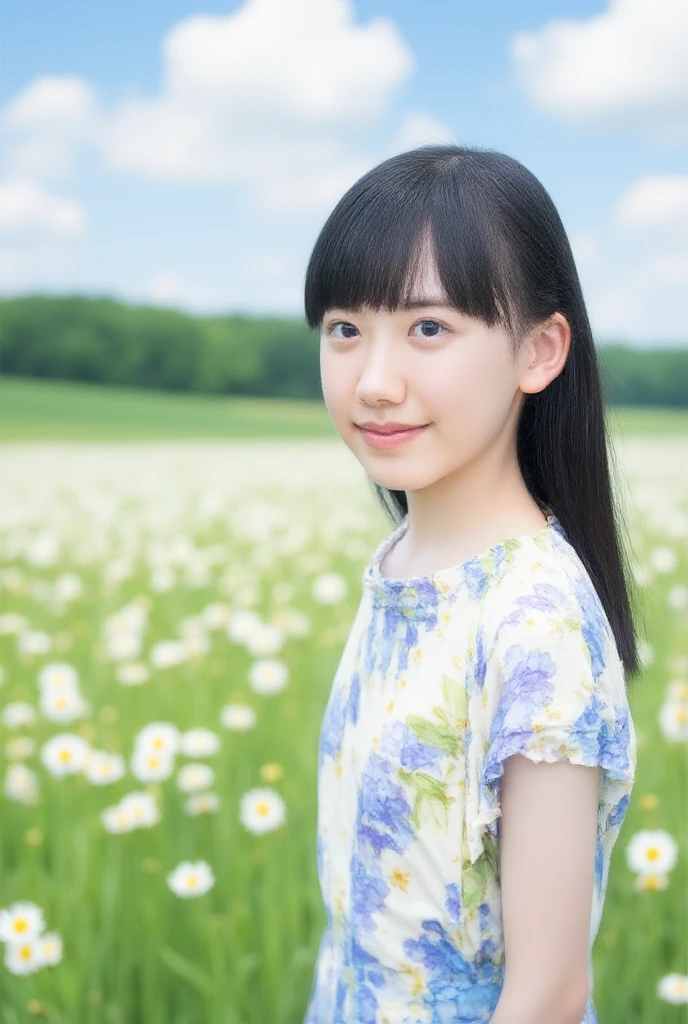 8K,Japanese,10 years old,innocent face,teenage girl,cute,Animal print T-shirts,everyday wear,sitting,black hair,A flower field on a hill with a distant view of the sea,hair clip