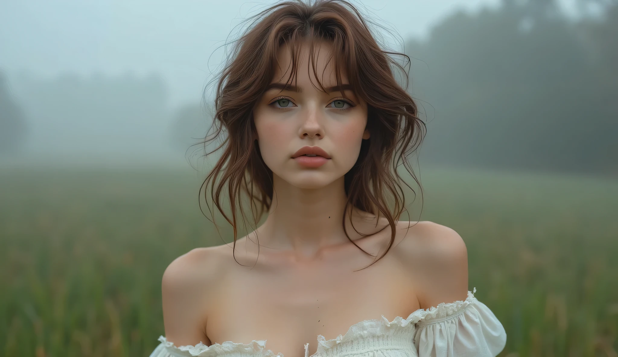 (masterpiece,  best image quality , 8k),  real photo , perfection of fashion, full body, frontal, faint smile,Outdoor, Exquisitely Painted , Realistic,  ultra high definition , ultra high definition ,  smooth skin ,  highly detailed , High quality,  high quality,  high resolution, Out of focus background,female,Walk in fresh nature,18-year-old Ukrainian beauty ,Colorful hair colors,It's foggy