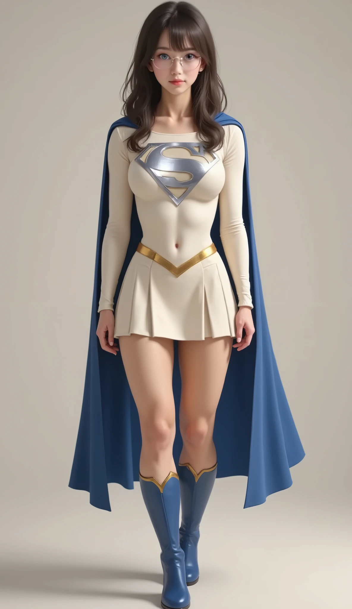 FULL VIEW OF A CREME WHITE SUPERGIRL COSTUME WITH, BLUE BOOTS, CREME WHITE SKIRT WITH A GOLD BELT, (A SILVER S EMBLEM) AND BLUE CAPE. RICH BLUE EYES, GLASSES, SEXY SMART AND SHY. JAPANESE GIRL.
