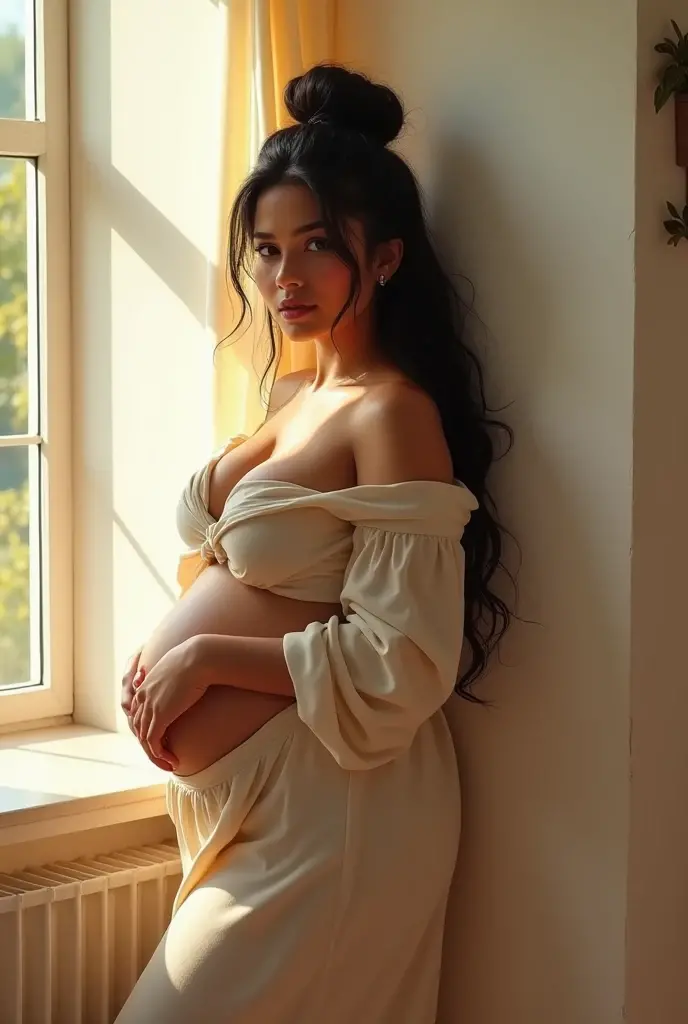 In the image, we see a radiant and serene pregnant woman, enveloped in a welcoming setting. She is wearing a soft and flowing dress that gently embraces her growing belly. The gentle light of the environment highlights her luminous skin and the soft features of her peaceful expression. With her hands lovingly resting on her belly, she exudes a sense of deep connection with the life blossoming within her. In the background, soft and natural tones create a relaxing and inviting ambiance, enhancing the beauty of this magical moment of motherhood. The image captures the serenity and wonder of pregnancy, evoking a sense of joy and anticipation as the imminent arrival of a new life approaches.