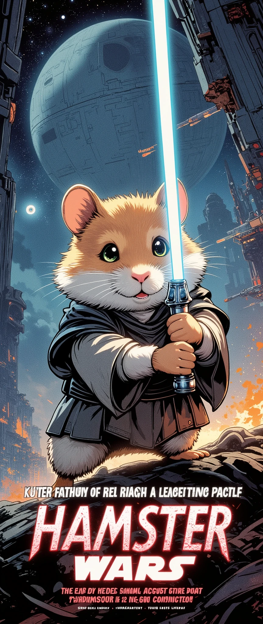 (Masterpiece:1.2, EXCEPTIONAL QUALITY  ,Mirror Finish  , Cinematic experience  ,  best illustration ),  Ultra Fine ,  very detailed  ,8k,16k, wallpaper,( A cute animal trip),( movie poster design ), promotional art , comic book style ,(Draw a sci-fi movie poster with Hamster Wars as the main character:2.0),( cute design :2.0),( Jedi Knight holding a lightsaber :2.0),( background is an abstract image of the Death Star, the Imperial Army fleet, and a spectacular universe:2.0),("Hamster Wars "Draw text characters:2.0),( Anime Artwork),( minimalist),(70年代の Anime Artwork:2.0),( Dynamic ),(The poster's deteriorated :2.0)
