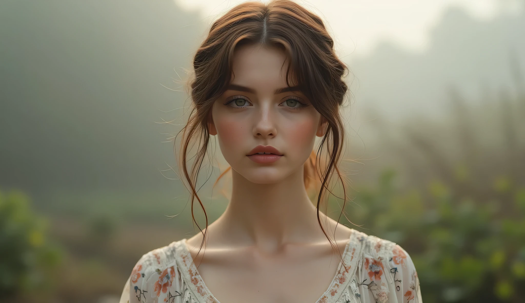 (masterpiece,  best image quality , 8k),  real photo , perfection of fashion, full body, frontal, faint smile,Outdoor, Exquisitely Painted , Realistic,  ultra high definition , ultra high definition ,  smooth skin ,  highly detailed , High quality,  high quality,  high resolution, Out of focus background,female,Walk in fresh nature,18-year-old Ukrainian beauty ,Colorful hair colors,It's foggy
