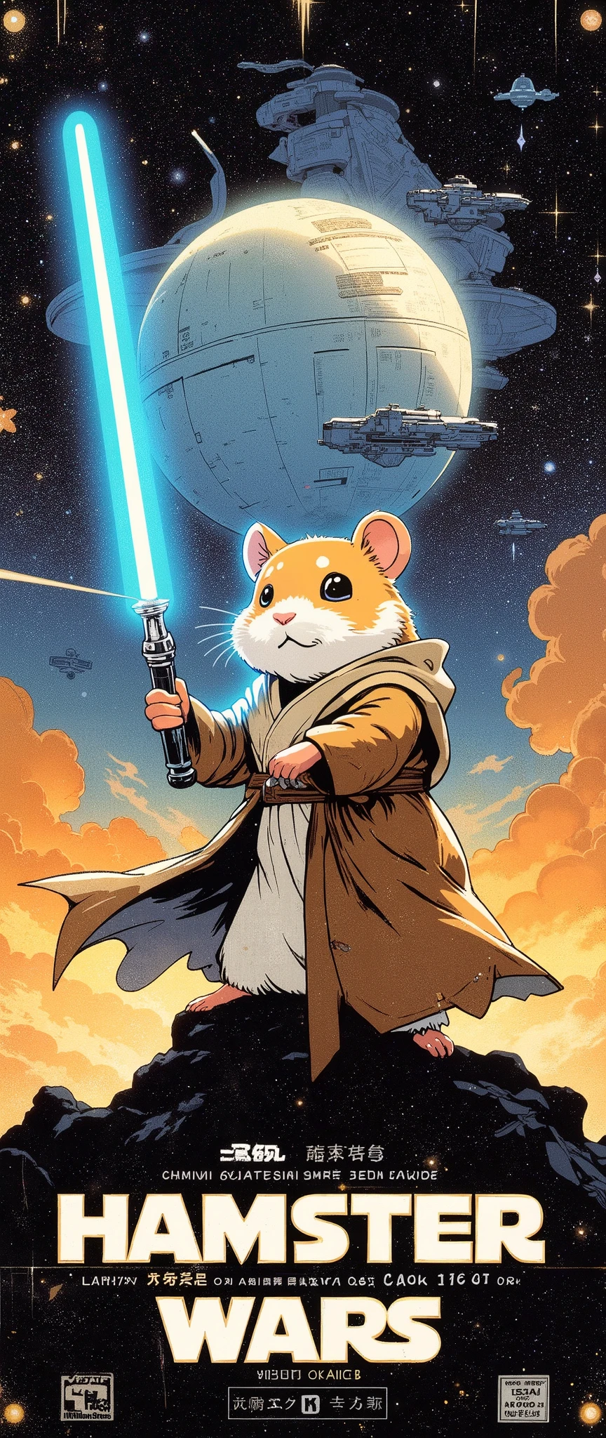 (Masterpiece:1.2, EXCEPTIONAL QUALITY ,Mirror Finish , Cinematic experience , best illustration ), Ultra Fine , very detailed ,8k,16k, wallpaper,( A cute animal trip),( movie poster design ), promotional art , comic book style ,(Draw a sci-fi movie poster with a hamster as the main character :2.0),( cute design :2.0),( Jedi Knight holding a lightsaber :2.0),( The background is an abstract image of the Death Star, the Imperial Army fleet, and a spectacular universe:2.0),("Hamster Wars "Draw text characters:2.0),( Anime Artwork),( minimalist),(70年代の Anime Artwork:2.0),( Dynamic ),(The poster's deteriorated :2.0)