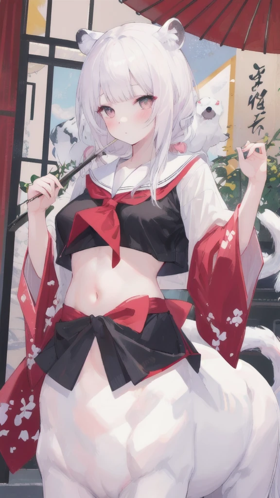 (best quality, masterpiece), 1 girl, centaur, It takes, White skin, japanese girl,Smiling, exposing the abdomen,belly button t-shirt, 아름다운 소녀 perfect white tiger photo, perfect white tiger photo