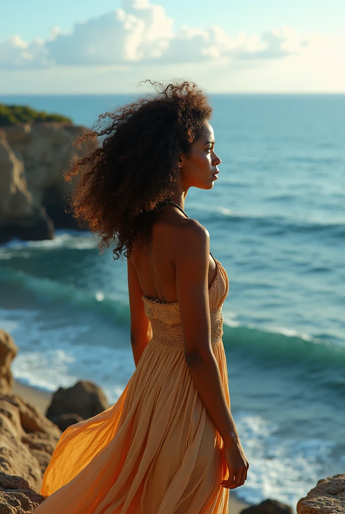 photograph of 28 year old dark-skinned african-american woman wearing a yellow sundress walking on top of water in the ocean. Beautiful, gorgeous, sexy, cute, and erotic. Long eyelashes, pretty eyes, black hair, perky lips. 36dd breast, big buttocks, curvaceous body. yellow high heels, diamond ring., cinematic lighting, reflection light, backlighting, UHD, masterpiece, anatomically correct, textured skin, super detail, 8k