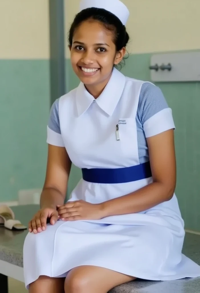 Photo of a 23-year-old Sri Lankan nurse, nurse hat, nurse uniform, white skirt above the knee, white short socks, white nurse shoes, beautiful thighs, classic bun short hair, blue strip at the waist, small breasts, sharp nipples, cinematic light, smiling face, sitting  Standing on a bench in a Sri Lanka hospital bathroom, legs up, underskirt, 4k, photorealistic, detailed, sweaty brown skin.