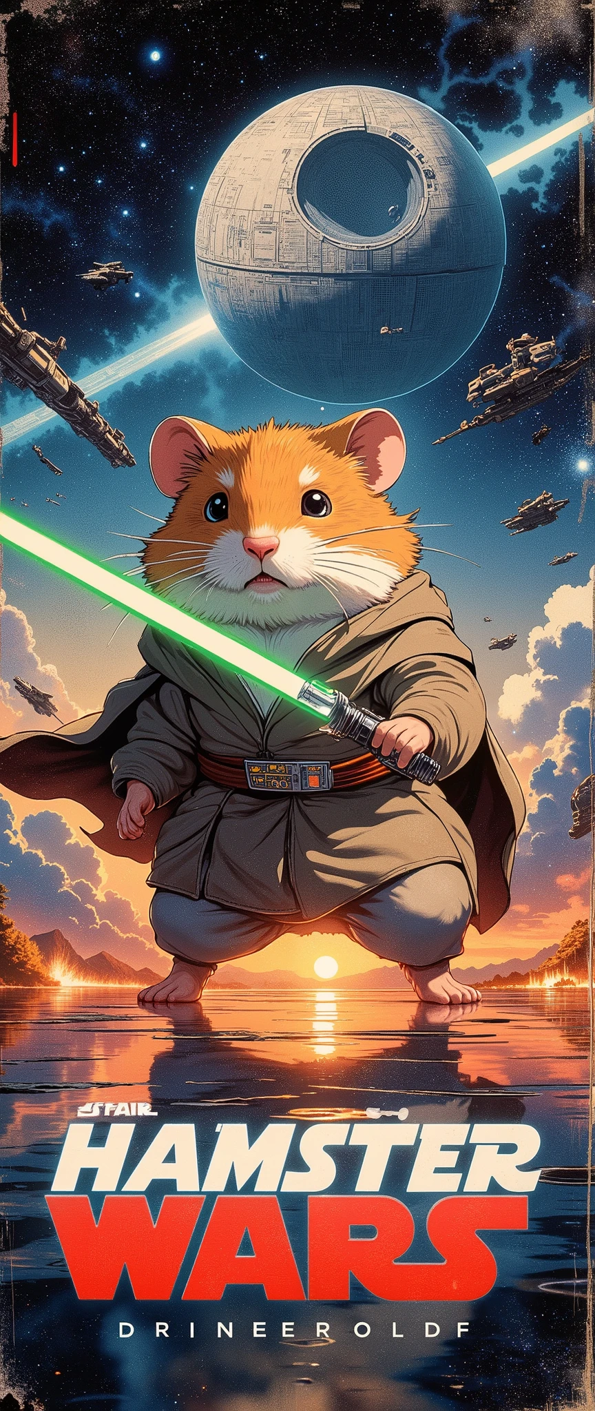 (Masterpiece:1.2, EXCEPTIONAL QUALITY ,Mirror Finish , Cinematic experience , best illustration ), Ultra Fine , very detailed ,8k,16k, wallpaper,( A cute animal trip),( movie poster design ), promotional art , comic book style ,(Draw a sci-fi movie poster with a hamster as the main character :2.0),( cute design :2.0),( Jedi Knight holding a lightsaber :2.0),( background is an abstract image of the Death Star, the Imperial Army fleet, and a spectacular universe:2.0),("Hamster Wars "Draw text characters:2.0),( Anime Artwork),( minimalist),(70年代の Anime Artwork:2.0),( Dynamic ),(The poster's deteriorated :2.0)