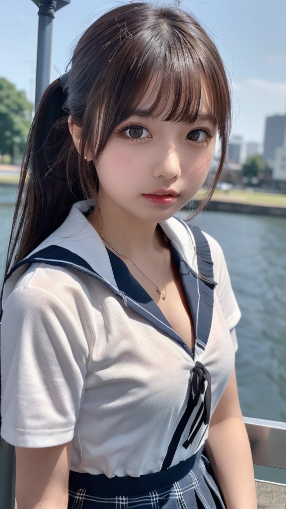 SFW, 
((porttower)), water reflection, city lights, neon lights, Water Front, deck, 
Perfectly anatomically correct, 
1 Japanese Girl, (Hair Bun), Wide-Set Eyes, Pale Skinned, Bashfully, Blush, 18-Year-Old, Open Mouse Slightly, 
(Polo Shirt, Mini Skirt), 
Brown Hair, Wet Hair, 
Ecstasy, Light Smiling, 
Looking Back Viewer, 
Showing off Slightly Swelled Lower Buttocks from Skirt, 
[With Cheeks between own Hands, Both Hands on own Face], 
Dynamic Angle, from Below, 
8K, RAW Photo, Best Quality, Masterpiece, Realistic, PhotoRealistic, Extremely Detailed 8K Wallpaper, Beautifully Detailed Eyes, Finely Detailed Face, 
Professional Lighting, Cinematic Lighting, (bokeh)