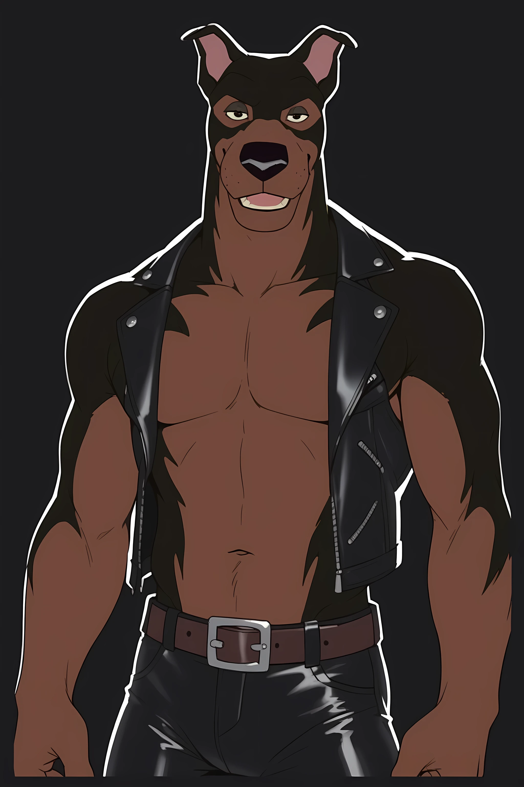BusterLT, furry, anthro, anthro body, canine, doberman, black eyes, black nose, black body, black fur, brown body, brown fur, two tone body, two tone fur, pink inner ear, solo, athletic build, muscular, muscles, (flat colors, no shading), simple background, black background, detailed, posing, looking at viewer, smile, strong posture, shirtless, bare chest, belt, leather pants, muscular neck, half body, half view, front view, leather vest