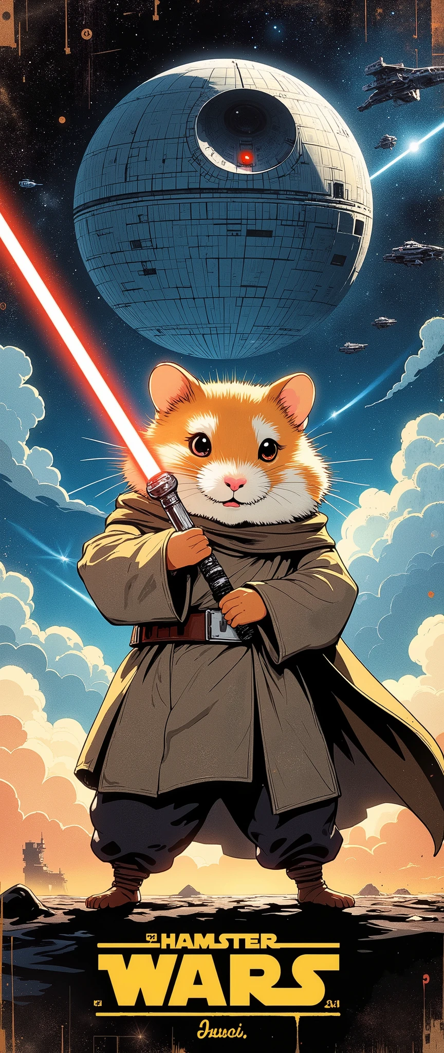 (Masterpiece:1.2, EXCEPTIONAL QUALITY ,Mirror Finish , Cinematic experience , best illustration ), Ultra Fine , very detailed ,8k,16k, wallpaper,( A cute animal trip),( movie poster design ), promotional art , comic book style ,(Draw a sci-fi movie poster with a hamster as the main character :2.0),( cute design :2.0),( Jedi Knight holding a lightsaber :2.0),( background is an abstract image of the Death Star, the Imperial Army fleet, and a spectacular universe:2.0),("Hamster Wars "Draw text characters:2.0),( Anime Artwork),( minimalist),(70年代の Anime Artwork:2.0),( Dynamic ),(The poster's deteriorated :2.0)