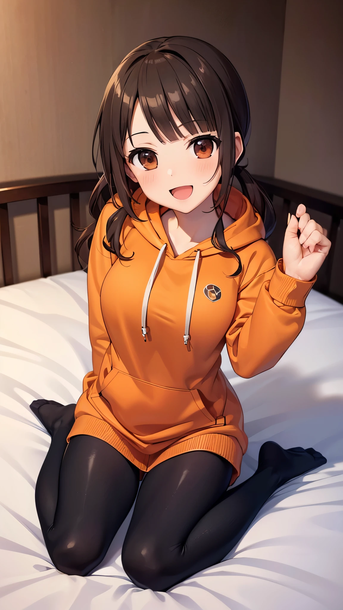 (16k, ultra high definition, best quality , greatest master peice, very detailed , CG),okitasawa,low twin tale ,(orange long hoodie:1.3),black pantyhose, ((bottomless:1.3)),((anatomically correct body:1.3)) , looking at the camera, very detailed facial features, beautiful and perfect face,(:d:1.3),bed room,((portrait shot:1.3)), looking at the camera, Front Angle,red cheek:1.3,bedroom,sitting,
