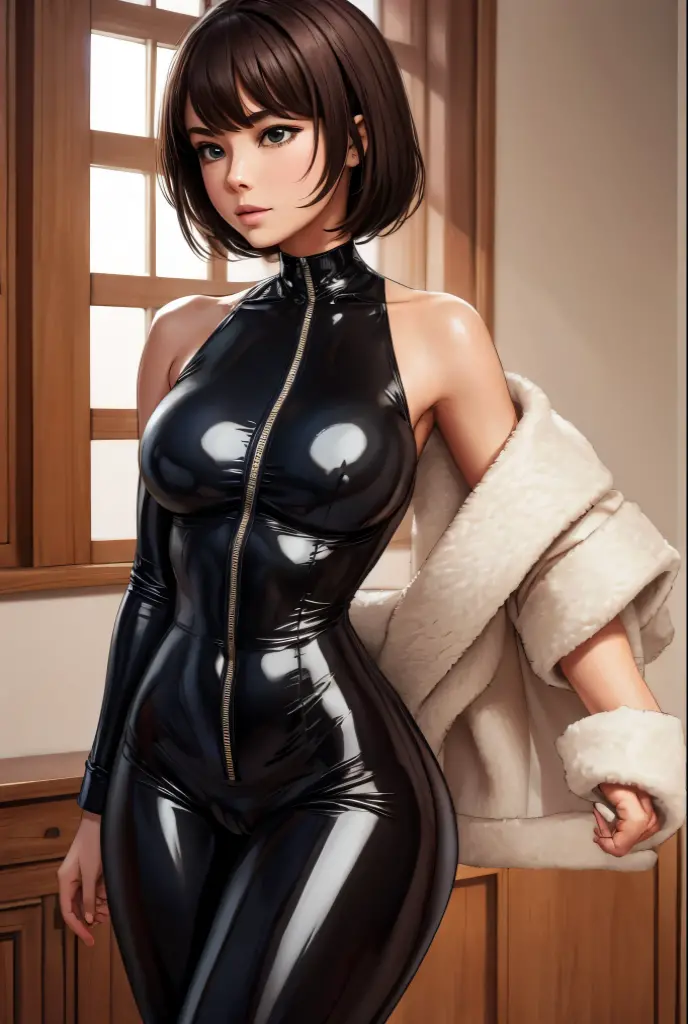 score_9_up, score_8_up, score_7_up, 1girl, solo, mature female, Sasha, looking at viewer, brown ponytail hair, brown eyes, pink lips, parted lips, fit slim body, perfect medium erected breast, (((black tight suit))), (((private jet interior))), perfect model body, standing with raised hands