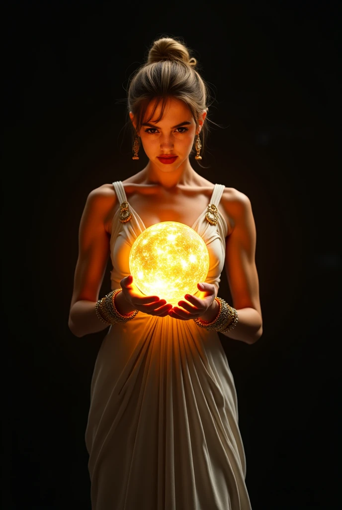 Slim woman in goddess outfit holding a shiny golden planet in her hands . Black background .