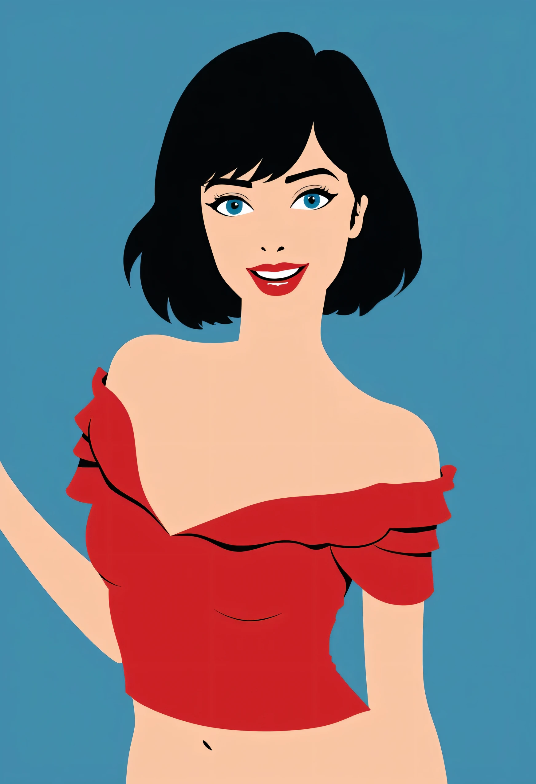 Aesthetically_Pleasant_Pose, 1Woman, Solo, Stencil, close up, A captivating simple Vector art of a black bob hair female wearing a red ruffle off the shoulder top, blue eyes, and a red lip, bare shoulders, blue background. Standing up, it’s a very minimalist simple vector illustration with minimal colors, upper body, looking at viewers, sexy smile, no grin