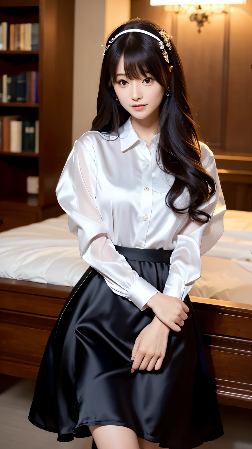 Araffe woman in a white shirt and black skirt sitting on a bed - SeaArt AI