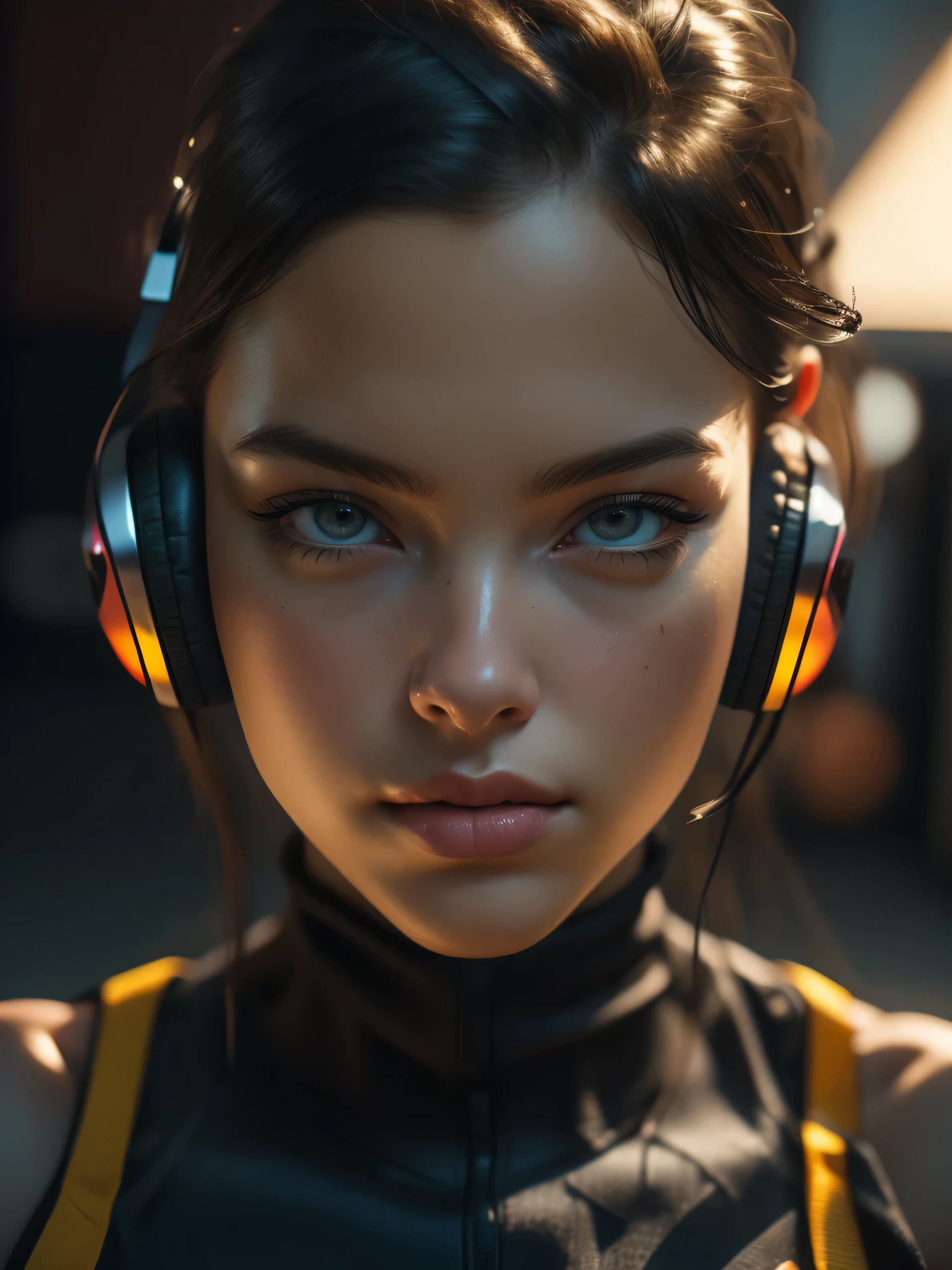 (masterpiece) Overhead Shot, portrait of an attractive young woman, headphones on the head, green eyes, cyberpunk streetwear in red and yellow, vector, centered, no logos, no watermarks, highly detailed, high definition, clean background, dark Sci-Fi, future, dot matrix, framed, as a tshirt design logo