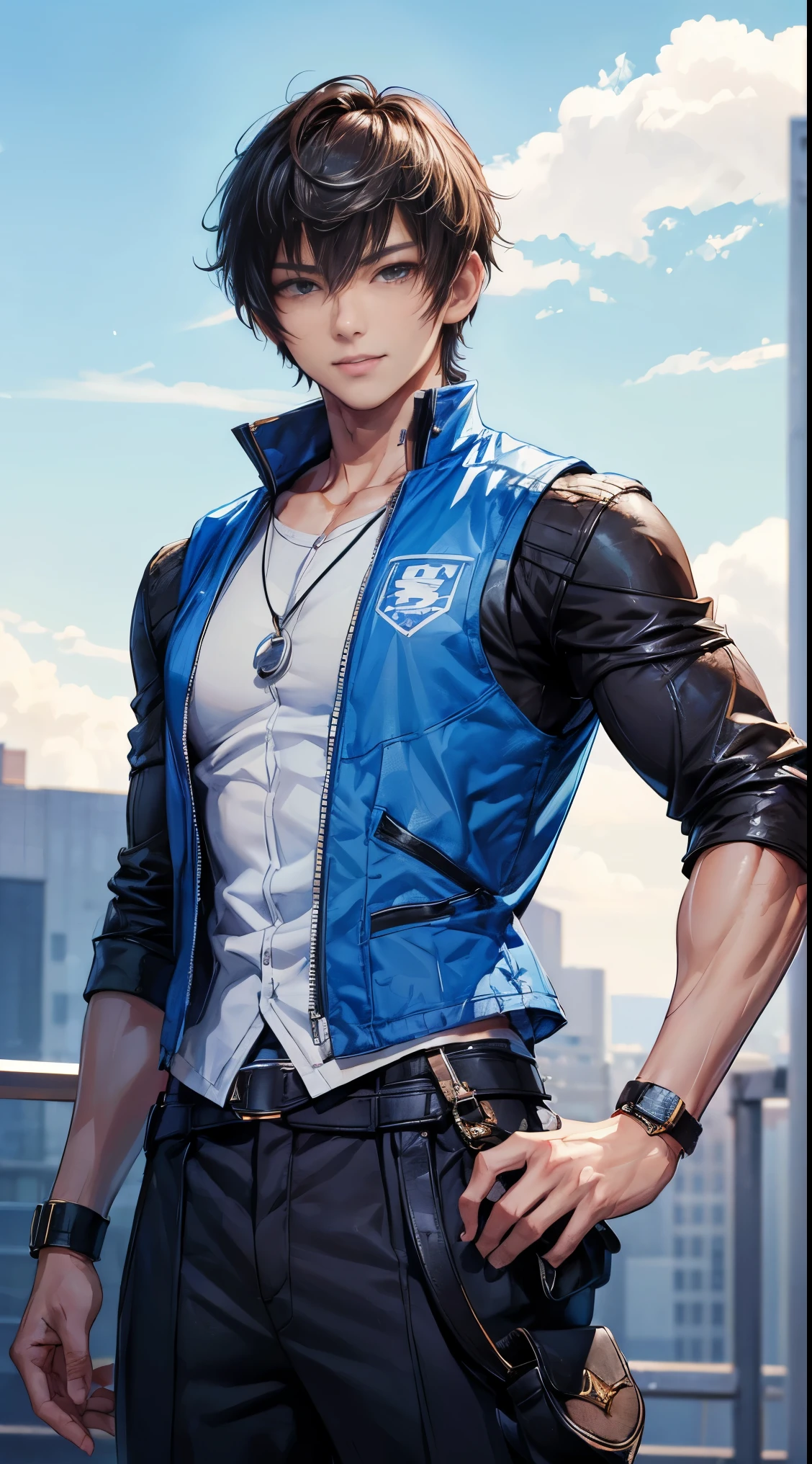 (masterpiece, best quality:1.2), cowboy shot, solo, male focus, 1boy, sora \(kingdom hearts\),Muscular body, Imposing body, Imposing appearance, muscular arms, muscular legs, only body, trapezoid torso, sturdy body, muscular body, defined round and fleshy pecs, defined washboard ABS, defined arms, defined legs, flexing his muscles smile, looking at viewer, crossed arms, hooded jacket, shorts