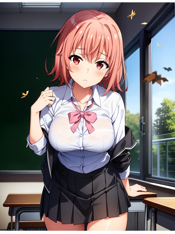 hight resolution, Nakano Nino, 1girl in, 1 boy,Pink hair, Short hair,Colossal tits, butterfly hair ornament, Large breasts, cleavage, be shy,Green skirt, Black cardigan,white shirt, Collared shirt, Open your clothes, Voluptuous thighs, extra limb, extra digit / fewer digit, Looking at Viewer,(wet clothes part 1),(Arms folded part 1), (Wet clothes part 2),(Arms folded part 2), (Wet clothes part 3),(Arms folded part 3),