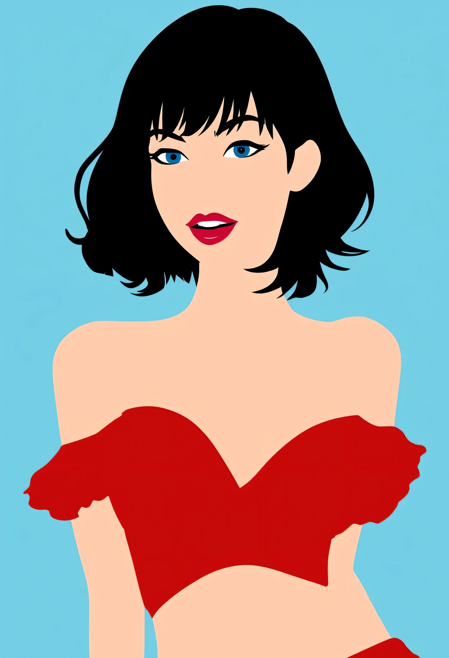 Aesthetically_Pleasant_Pose, 1Woman, Solo, Stencil, close up, A captivating simple Vector art of a black bob hair female wearing a red ruffle off the shoulder top, blue eyes, and a red lip, bare shoulders, blue background. Standing up, it’s a very minimalist simple vector illustration with minimal colors, upper body, looking at viewers, sexy smile, mouth closed