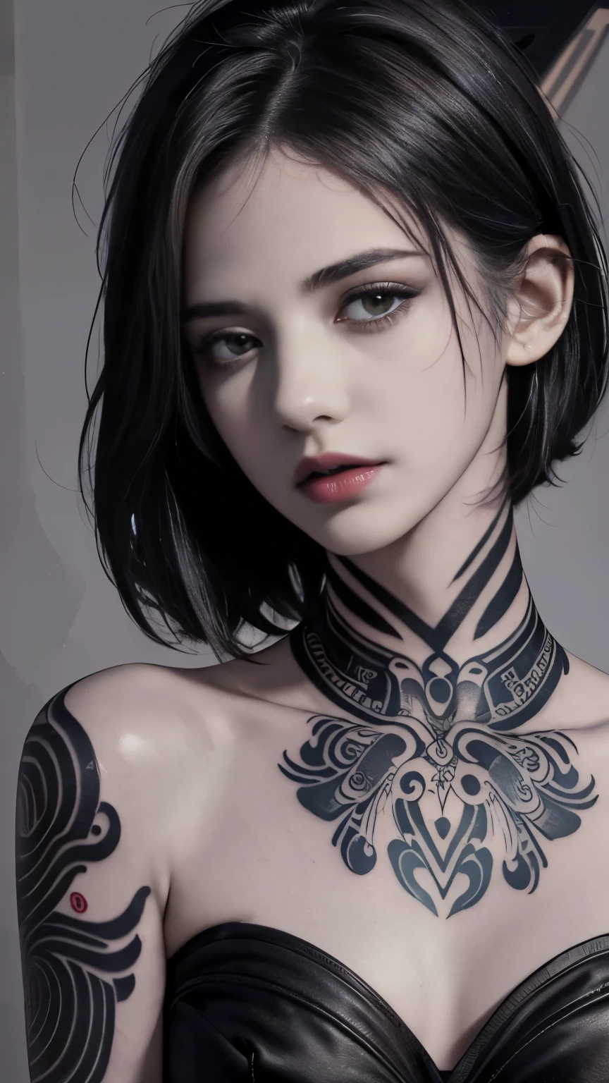 a close up of a person with tattoos on their arms, beautfull woman, Anime Style Female, female anime character, impressive face portrait, detailed artwork, 坏蛋动漫8 K, detailed digital art, retrato beautfull woman, young anime woman, anime wallpaper, shorth hair, shorth hair, short hair, Bblack hair, black hair