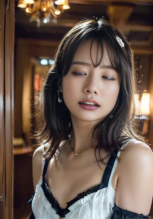 Highly detailed CG Unity 8k wallpaper, top quality, super detailed, masterpiece, realistic, photorealistic, highly detailed cute girl, (25 years old), blush, round eyes, medium breasts, full -body shot, wearing tanktop, sitting on office, focused into camera, see through bra underneath the tanktop, wearing tight panties, wear earrings, wear bracelet, wear necklace, sweating body, wet body, sweat droplet on her body, shy smile,