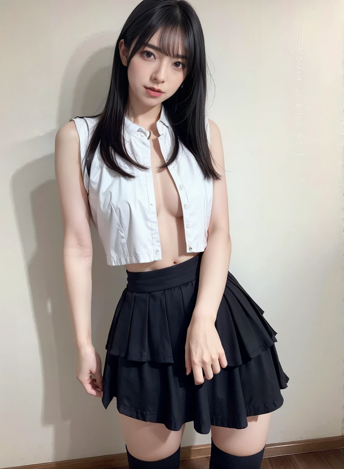 Skinny and sexy Chinese teenager with long hair and giant breasts wearing only a black skirt, no shirt, full body