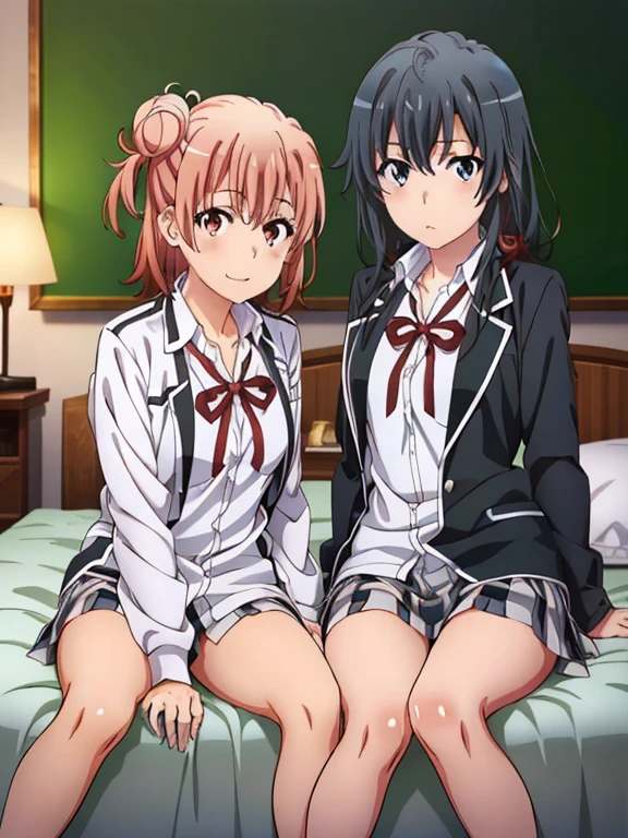 2 girls , classroom,floor,Yukinoshita Yukino , (Full Breast Yuigahama Yui ), Sitting with legs crossed ,Wear sneakers, (Sole 1.0),blazer,shirt,Check skirt,(Cameltoe in panties:1.0),(Pink lace panties:1.0),(Blue panties),