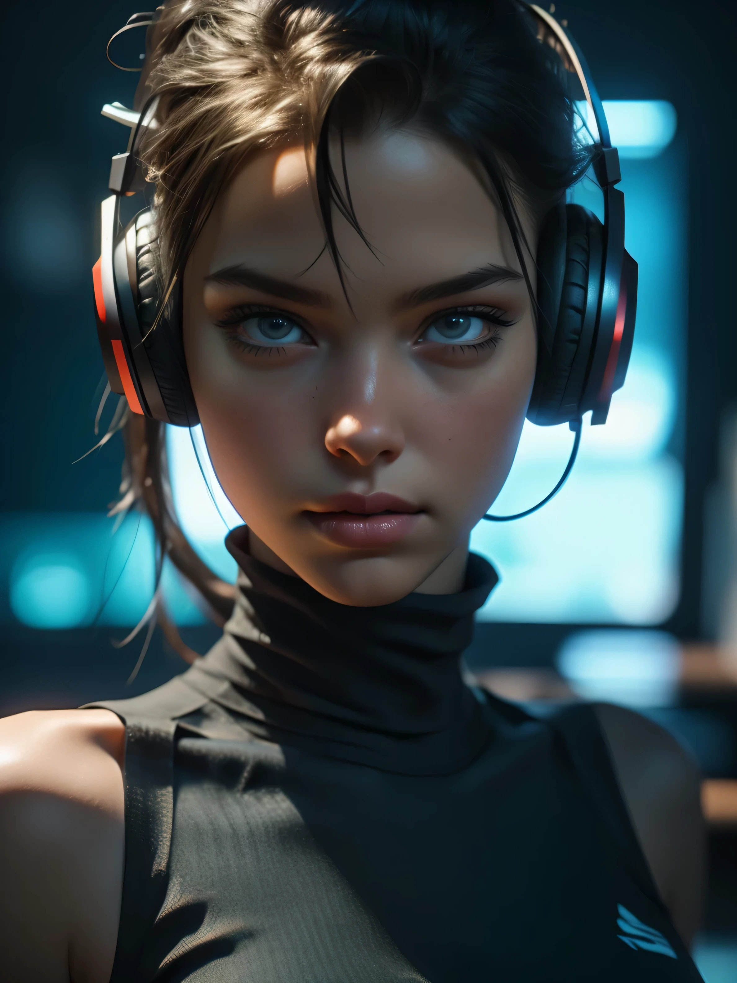 ((Masterpiece)), ((Bird view)), raw photo, Hyper realistic hyper-detailed portrait, epic details, deep depth of field, f22, A cowboy shot, UHD, Captured with a Canon EOS R5, Super sexy mature gaming woman, (38 years old), game room, anime vibe, super realistic, photorealistic, colorful hair, colorful highlights, wearing headphones, extremely beautiful, (super sharp details, extremely detailed face), Natural full lips, joyful expression, cheerful, flirty, [(extremely detailed:1.5)|(matte:1.7)|healthy] ultra realistic human skin, wearing short tank top, slender sexy body, beautiful facial features, (detailed facial features 1.4), Depth of field, octane render, 3d render, Studio lighting, game room, e-sports, High contrast, stunning use of shadows, high resolution, 4k, 8k