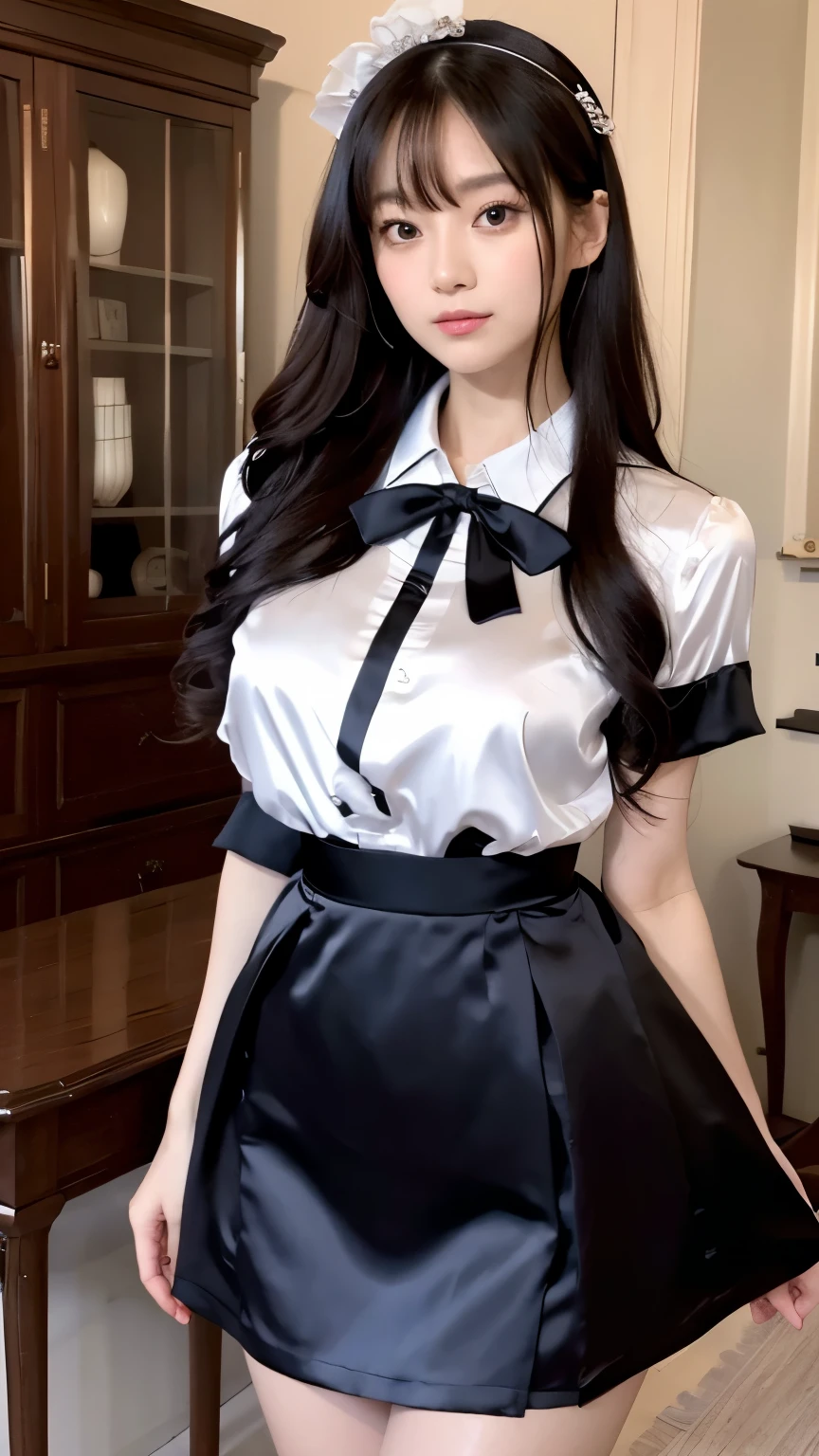 Cute girl, white blouse and black skirt, cute panties, from below