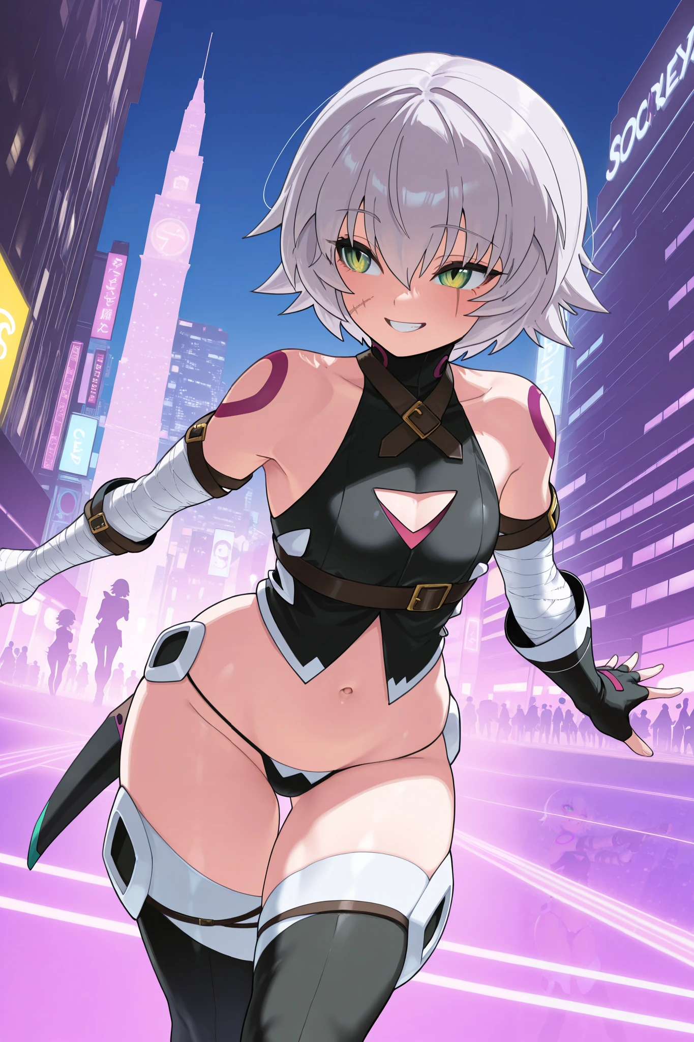 ,1girl,(:1.5), (short_ponytail:1.3), (light_whitish_purple_hair:1.3),black_mechanical_armor_parts,white_breasts_parts_red_black_body_suit,bare_shoulder,bare_slender_thighs,medium_breasts,city_background,Stinging_eyes,sleepy,thighhigh_greaves,gauntlets,dynamic_posing,bare_frank,metal_red_parts_armor,red_eye,solo,
fists,hold_weapon,glare,navel,large_mechanical_parts,happy,waist_armor,open_mouth,rise_legs,apart_legs, (covered_navel:1.3),(very_long_bangs:1.3), (hair_over_one_eye:1.5),(long_bang_covers_right_half_of_face:1.5),
(covered_pussy:1.1),covered_breasts,fighting,