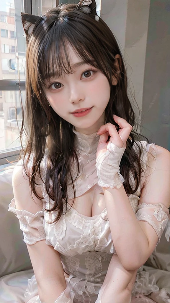 uniform. See-through. top-quality、超A high resolution、(Photorealsitic:1.4)、8K resolution、girl、(Random hair:1.3)、(Realistic hair:1.2)、(japanesgirl:1)、(realisticeyes:1.2)、(Beautiful face: 1.3)、Slim body、White glowing skin、large full breasts、cleavage of the breast、(duck face:1.2)、(Middle corner:1.3)、(White T-shirt and short jeans)、(selfee:1.3)