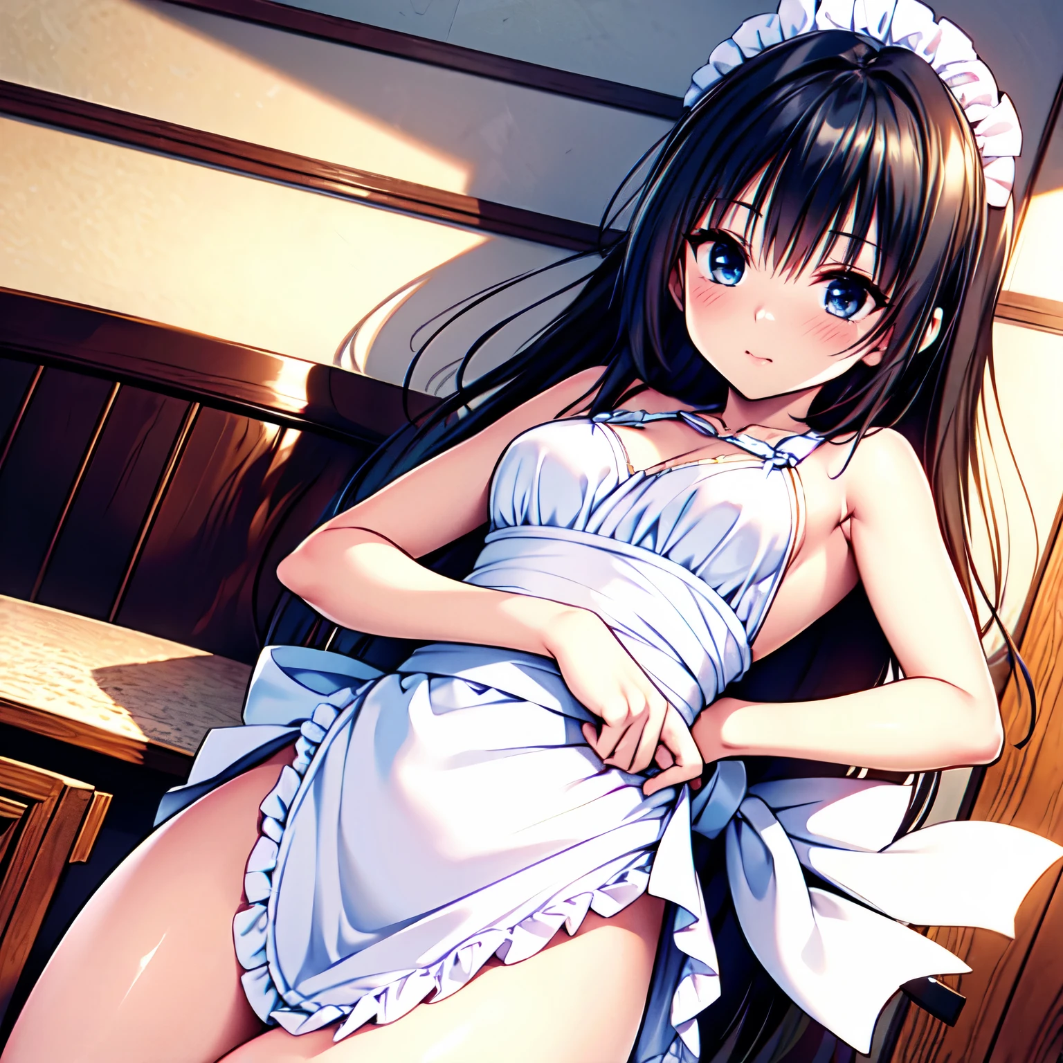 best quality, ultra high res, 1girl, solo focus, ((white mini see through dress)), elbow dress, black thighhighs, frills, ribbons, studio background,floating hair, looking at viewer, facing front,