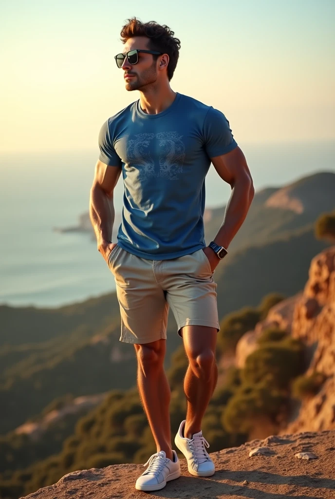 Muscular man wearing a shirt with long shorts Long loose shorts With pockets on the sides with converse sneakers Orange T-shirt and brown shorts Long short, long short, long Pose with cuffs on the waist in a heroic way looking at the sky perspective from above 360