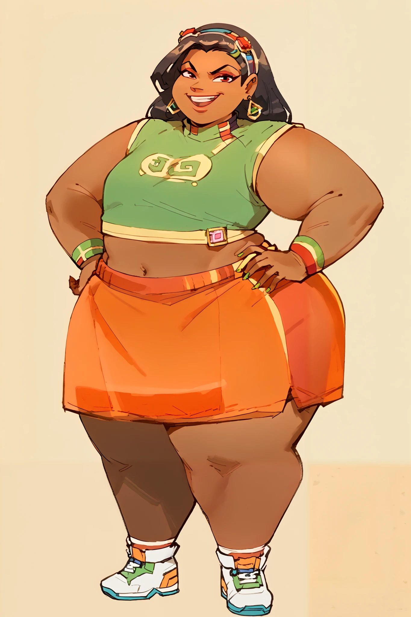 masterpiece, best quality, score_9, score_8_up, score_7_up, source_anime, full body, 1girl, Asian, brown skin, midriff, smug, smile