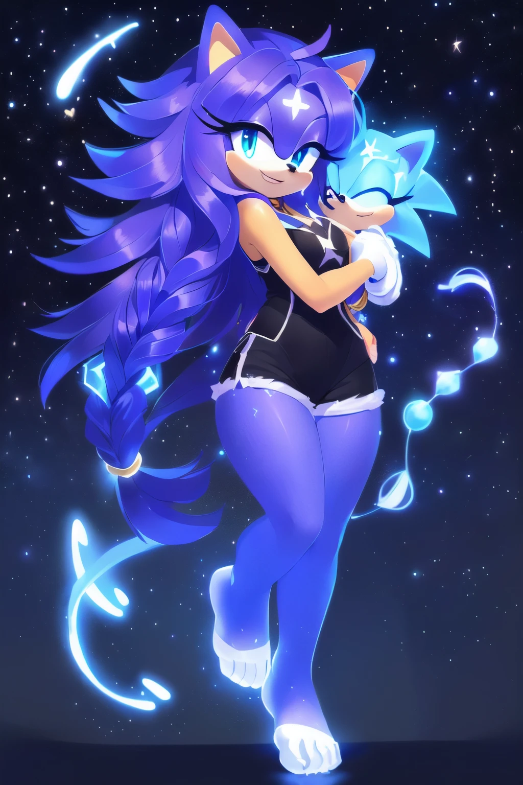 Sonic oc, Mobian, Sonic the hedgehog but female, female, Cosmic entity hedgehog, A beautiful bluish purple furred hedgehog, blue eyes, very long hair/quills, braided and beaded long hair bangs, long streaks of hair on each side of her face, (star constellation on hair, beads on hair, smooth fur, slim thick hourglass body, slim fit, wearing a black singlet and jeans shorts, star markings, hair decorated with rings, flowing hair, glowing marks on feet, mother, carrying a baby hedgehog