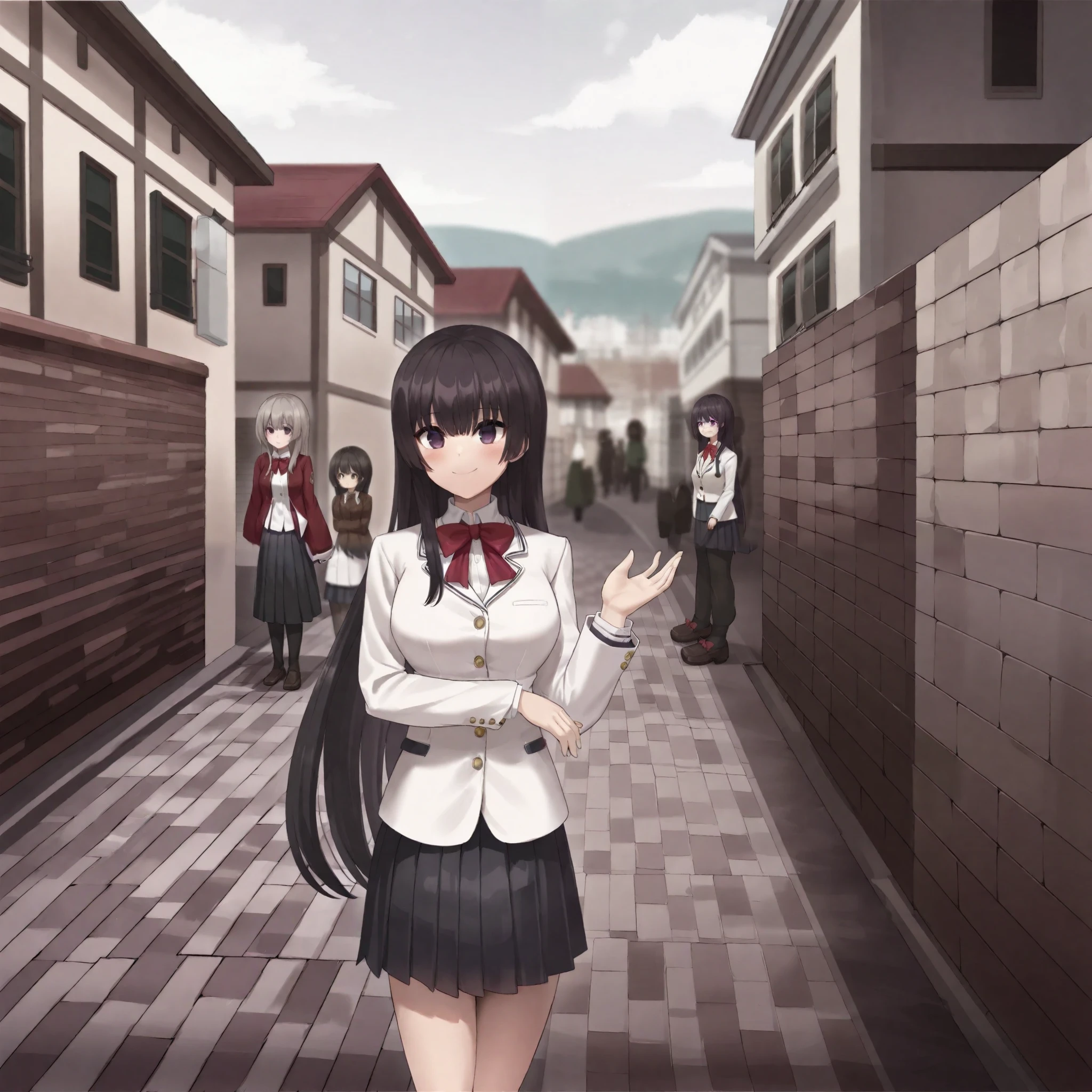(1girl)), (black long hair),(straight hair), gray with purple eyes, Medium breasts, ((red bow tie)), (White school blouse), ((an absolutely white jacket:1.1)), (( jacket with two gold buttons)), ((black pleated school skirt)), ((full head shown:1.1))  , smile,  old medieval town,narrow street, sunny street, stone walls, light stone walls, silhouettes of people on the streets, Looking around, talking to a girl, hand on viver