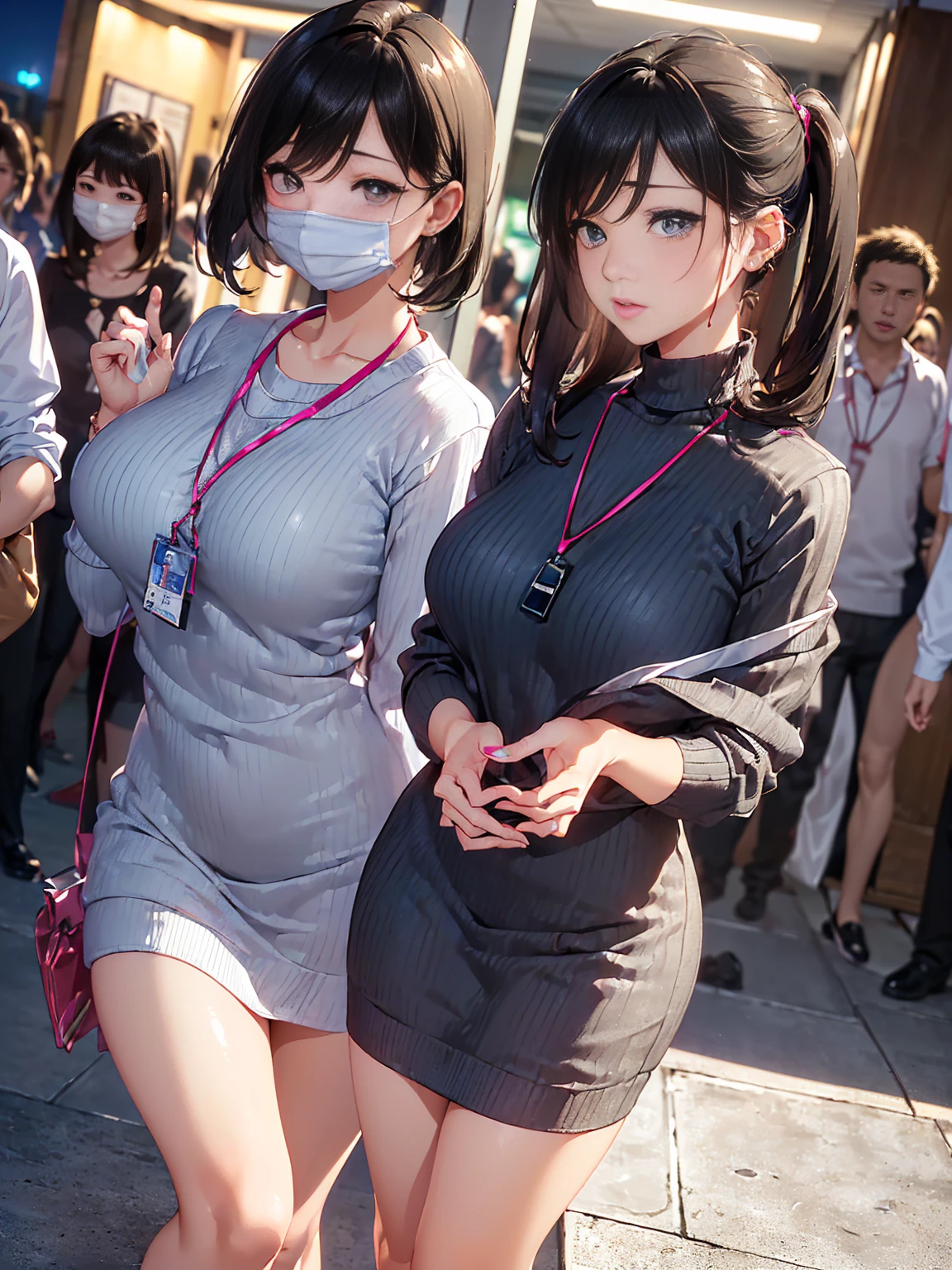 / Brown eyes, long dark hair, / big tits / 、Seeding press、Open mouth, Screaming, Ahegao, Heavy breathing, blush, Sweat, Multicolor Hair, Hair bun, Shiny Pink Blazer