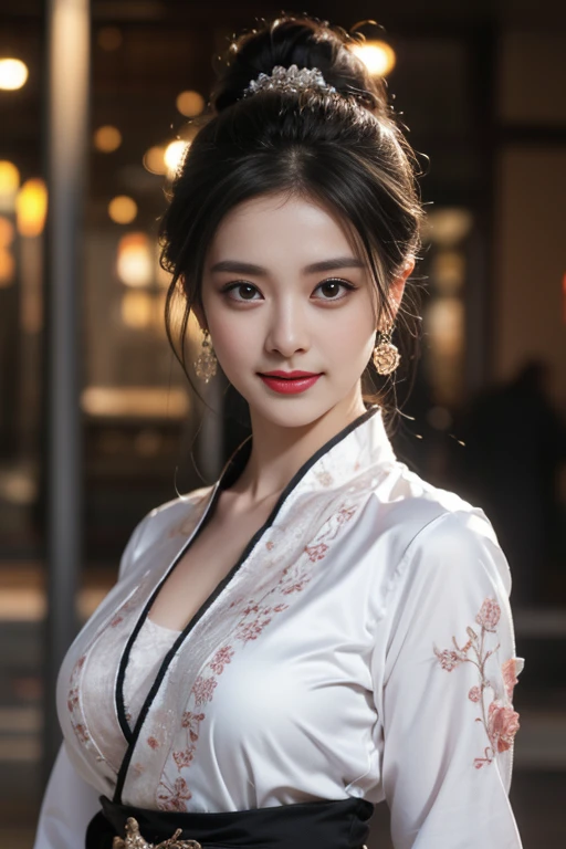 1 beautiful girl in Hanfu costume, ((thin black and white silk shirt with many patterns)), white lace shirt, long platinum purple ponytail. Hair, Jewelry, earrings, thin black silk scarf, carefully drawn big purple eyes, careful makeup, thin eyebrows, high nose, beautiful red lips, cheerful smile, pursed lips, rosy cheeks, wide chest, big chest, shapely chest, slim waist, shapely buttocks, purple mesh stockings, Chinese hanfu style, fictional art texture, many bright and realistic colors, RAW Photos, Realistic Photos , ultra high quality 8k surreal photo, (effective fantasy lighting effect: 1.8), 10 x pixels, magic effect (Background): 1.8), super detailed eyes, full body portrait of girl, vineyard, dynamic, pose