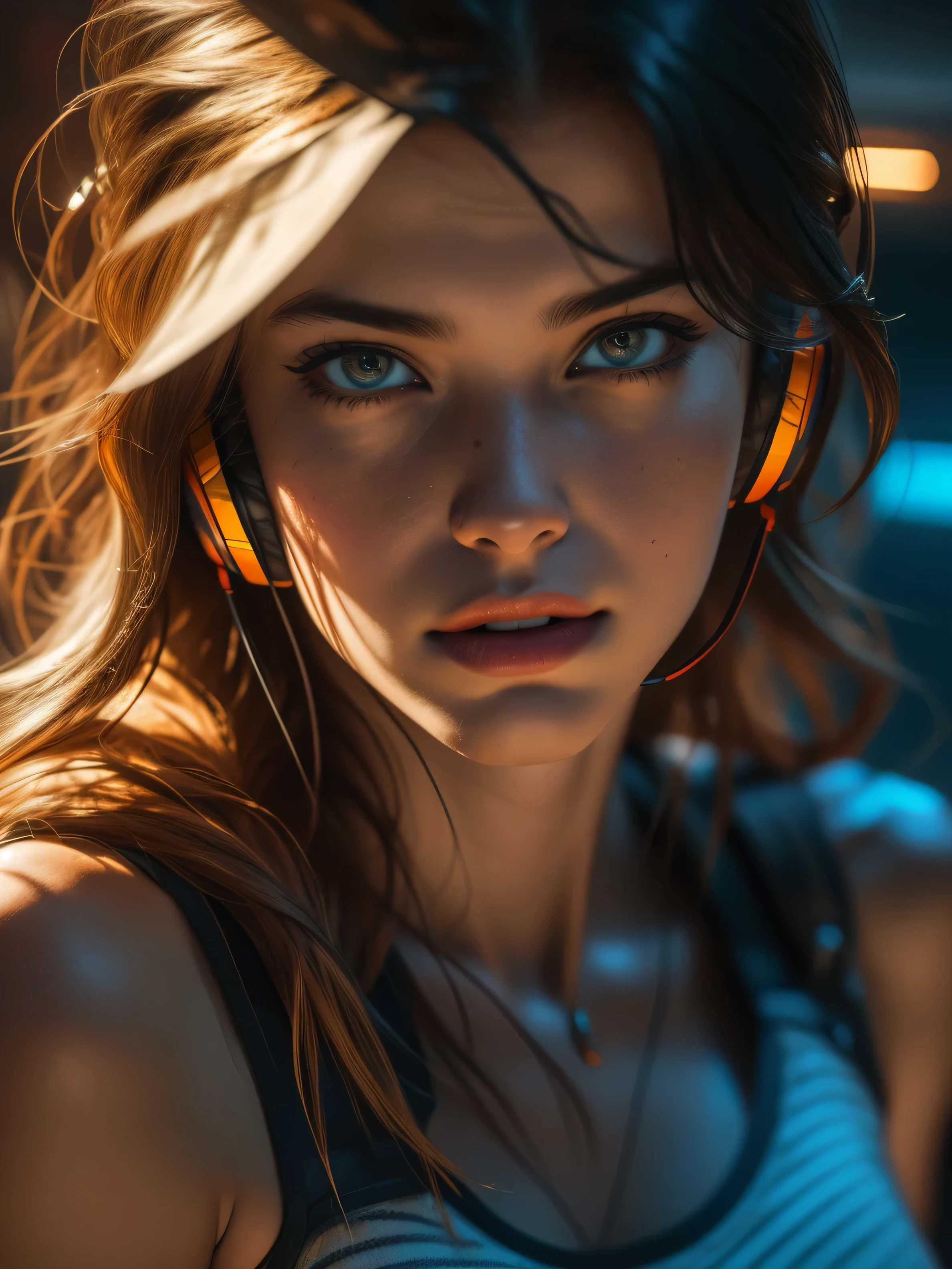 ((Masterpiece)), ((Bird view)), raw photo, Hyper realistic hyper-detailed portrait, epic details, deep depth of field, f22, A cowboy shot, UHD, Captured with a Canon EOS R5, Super sexy mature gaming woman, (38 years old), game room, anime vibe, super realistic, photorealistic, colorful hair, colorful highlights, wearing headphones, extremely beautiful, (super sharp details, extremely detailed face), Natural full lips, joyful expression, cheerful, flirty, [(extremely detailed:1.5)|(matte:1.7)|healthy] ultra realistic human skin, wearing short tank top, slender sexy body, beautiful facial features, (detailed facial features 1.4), Depth of field, octane render, 3d render, Studio lighting, game room, e-sports, High contrast, stunning use of shadows, high resolution, 4k, 8k