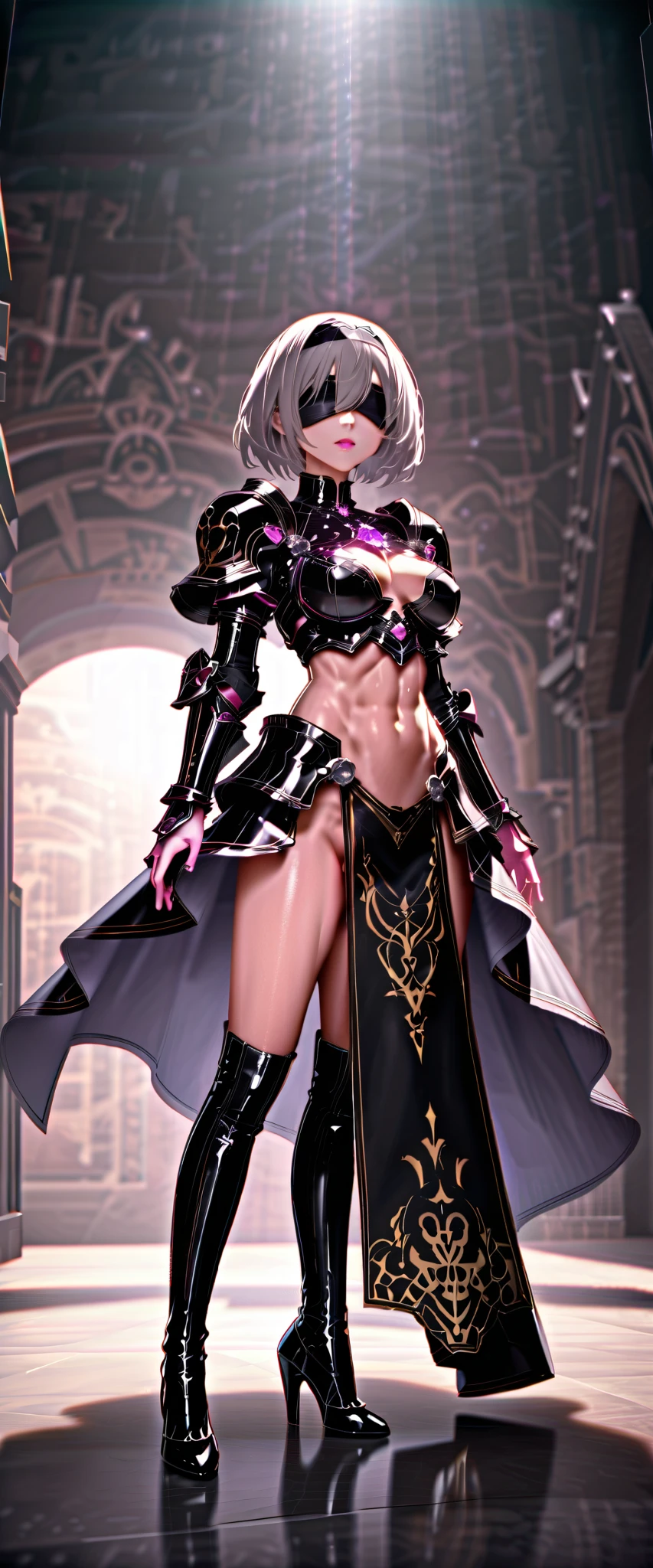( one girl, Alone, Alone), (Detailed depiction of Yorha's .2 Type B, 2b, one girl, Alone, short hair, gray hair, hair band, blind fold above gemst, Cover your eyes , black blind fold above gemst), ((Alone, ( 1 Woman , pink lipstick in it ), very detailed , Soft Indirect Lighting , 4K, perfect eyes, perfect face, perfect lighting, first girl )), (( fitness , , nice looking body , big and firm bouncing bust )) , ((armor, black skirt, black swimsuit, bodysuit , gold detail, gem, diamond, emerald, sapphire, Ruby, amethyst, high heels, More silver , angel, angelic, Magi , , Casting a Spell, well-shaped abdomen , Muscular Abs))