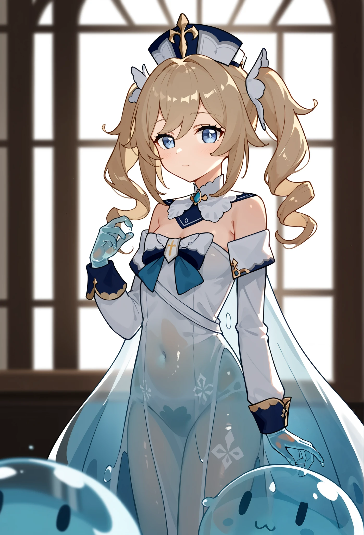 PonyScores7, source_anime, hi res, masterpiece, best quality, highres, infront of window, slime girl, dress made of translucent slime, monster girl, barbara_\(genshin_impact\), lineart, (cool toned lighting:1.3), translucent skin, Transparent body, Film grain, depth of field,