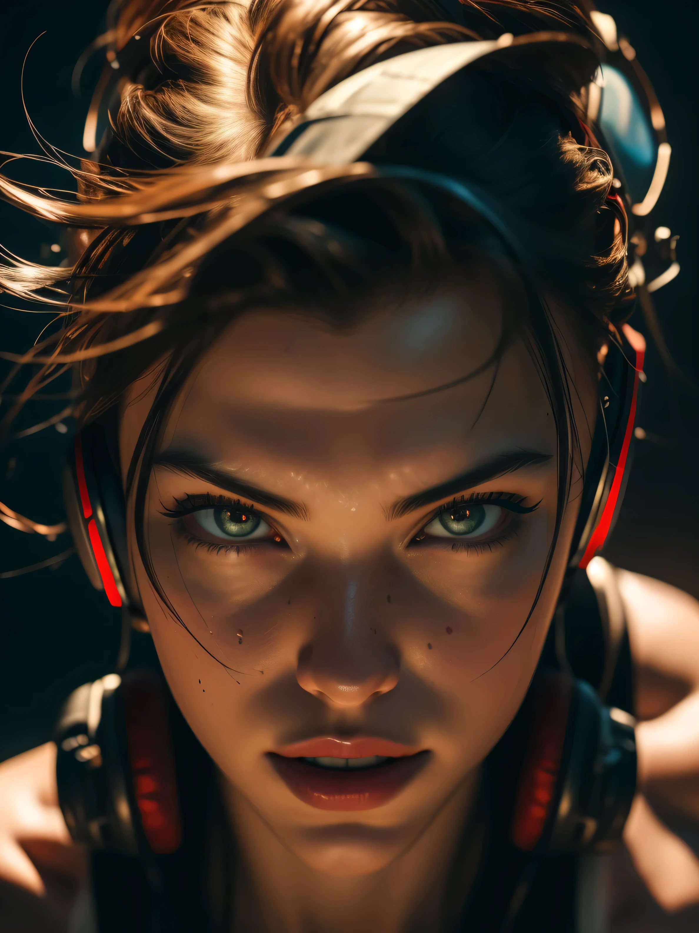 ((Masterpiece)), ((Bird view)), Epic scene, deep depth of field, raw photo, Hyper realistic hyper-detailed portrait, epic details, deep depth of field, f22, A cowboy shot, UHD, Captured with a Canon EOS R5, Super sexy mature gaming woman, (38 years old), game room, anime vibe, super realistic, photorealistic, colorful hair, colorful highlights, wearing headphones, extremely beautiful, (super sharp details, extremely detailed face), Natural full lips, joyful expression, cheerful, flirty, [(extremely detailed:1.5)|(matte:1.7)|healthy] ultra realistic human skin, wearing short tank top, slender sexy body, beautiful facial features, (detailed facial features 1.4), Depth of field, octane render, 3d render, Studio lighting, game room, e-sports, High contrast, stunning use of shadows, high resolution, 4k, 8k