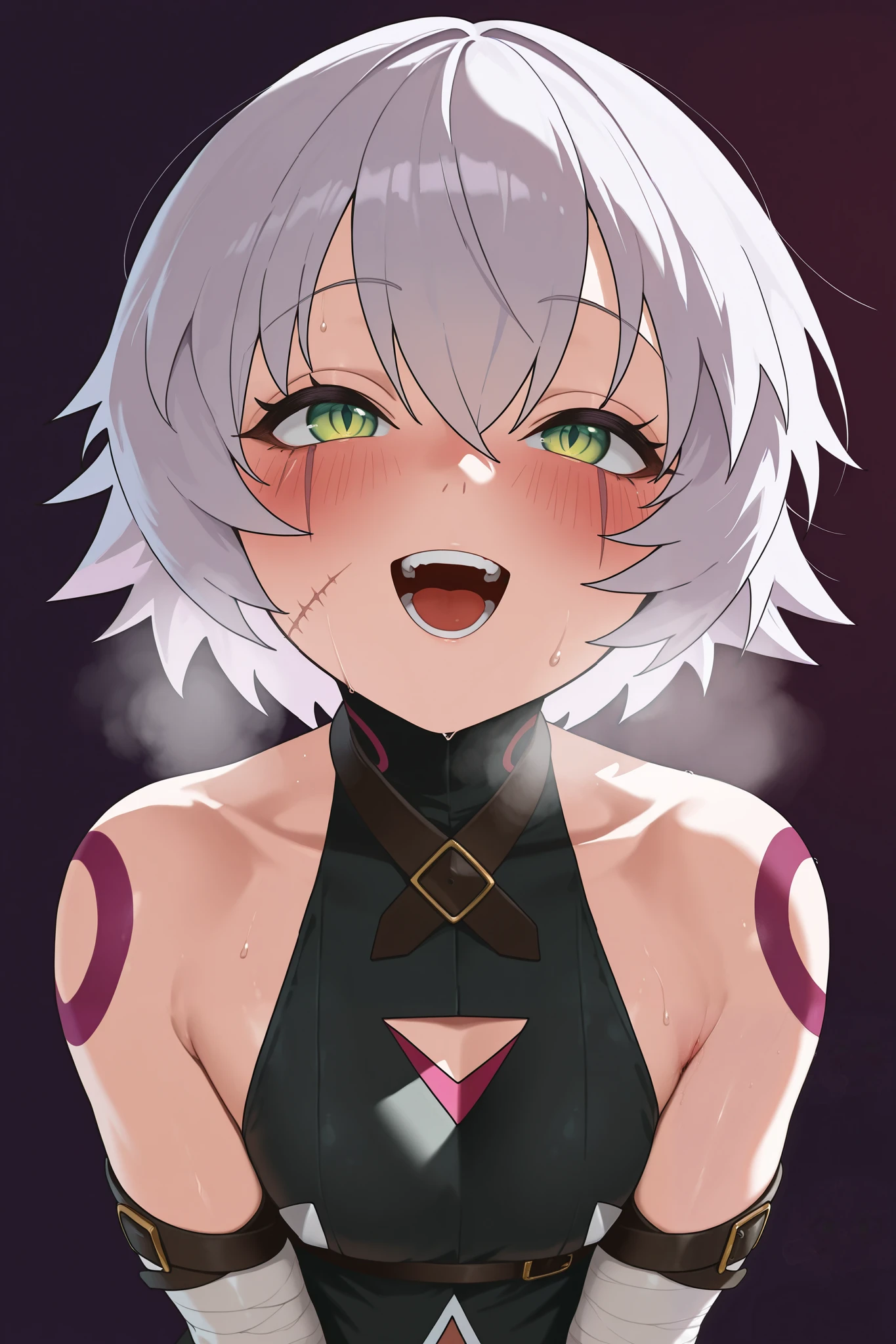 upper body, portrait, rachnera, 1girl, solo, extra eyes, red eyes, classic clothes, underboob, bare shoulders, detached sleeves, smile, arms behind back, <lora:rach-05:0.7>, flat chest