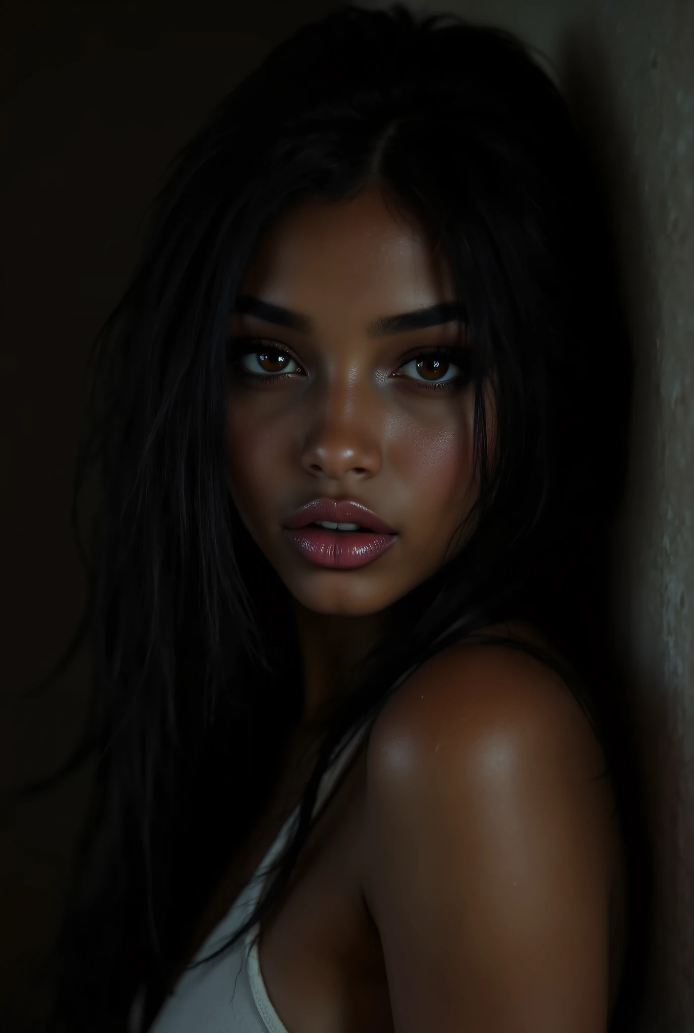 ( highdefinition images、Pro Work 、Artistic、 The Greatest Masterpiece、 Draw realistically accurately with detailed details 、 Detailed texture :1.2)、( beautiful in a dark room 17--old ck girl 、Bundle long black hair at the back 、Profile face of a beautiful black person 、Small chin、 big eyes、 Feeling slightly apart between eyes 、( white bra top)、Beautiful Nose、Thick lips、(Beautiful dark skin 、 expresses skin texture in detail down to pores )、(( and look up your profile、Face sticking out 、The background is a dark room )):1.5)