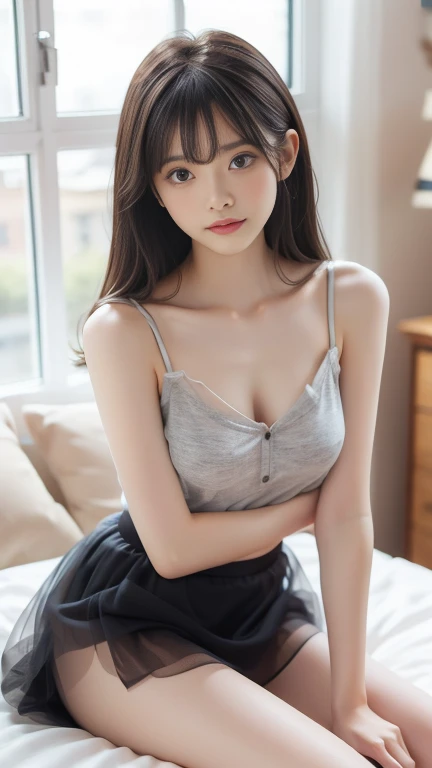 (Raw photography、top-quality)、(realisitic、Photorealsitic:1.3)、top-quality、masterpiece、extremely delicate and beautiful、A highly detailed、nffsw、A sense of unity、2k wallpaper、magnifica、Beautiful in every detail、masterpiece、浅笑、top-quality、Highly detailed ticker Unity 8K wallpapers、huge filesize、ultra-detailliert、hight resolution、ighly detailed、Female 1 Person、Slim body、D-cups、(Black Leotard Top:0.7)、(Pink skirt:1.2)、(Bun hair)、(brown haired)、Look at the front、Sharp Focus、Face Close-up、pureerosface_v1:0.8 Short Hair、Instagram、Viewer's Perspective、selfee