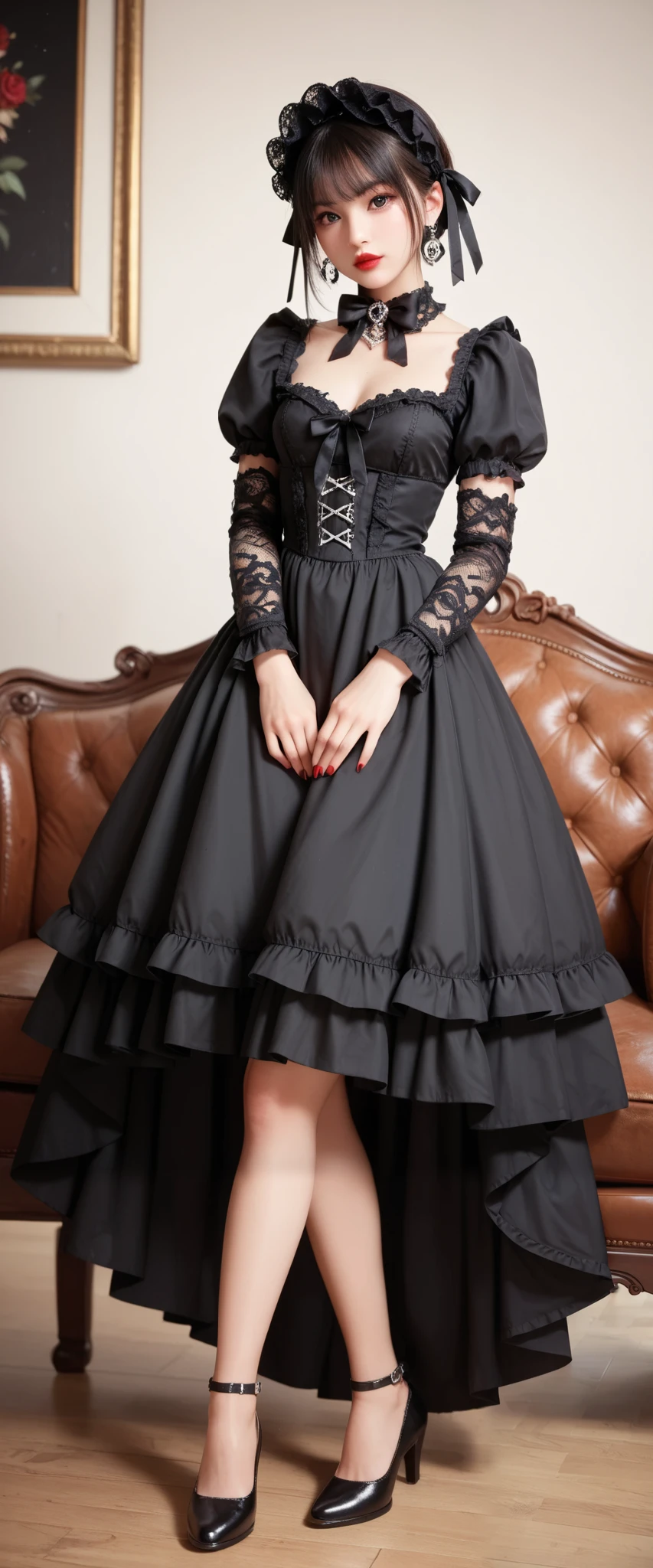 Baroque, gothic lolita, cute, 1 girl, Alone, full body, Black sofa, black dress , That's ridiculous., white lace, high resolution, Ultra Details , Best Details , red lips