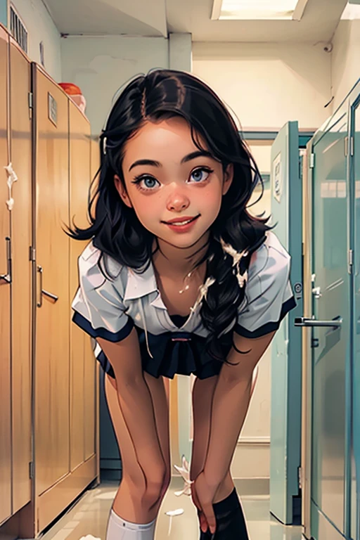 (((Full body ilustration))), A beautiful thirteen-year-old girl  ,  with a face with soft European features  , smiling,  wearing school uniform, Leaning against the wall of the school locker room,  LOOKING AT THE OBSERVER , smiling para o observador.(((Cum in chest)))