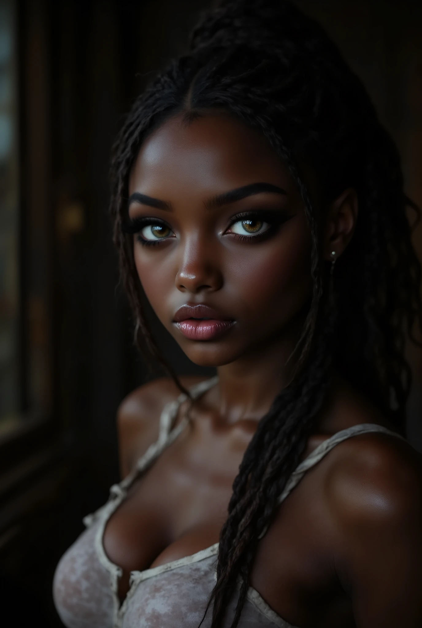 （ highdefinition images、Pro Work 、Artistic、 The Greatest Masterpiece、 Draw realistically accurately with detailed details 、 Detailed texture :1.2）、（ beautiful in a dark room １7-year-old black girl 、 braided hair in the savannah 、(Sexy and attractive black people、The eye invites )、Small chin、 big eyes、 Feeling slightly apart between eyes 、（ big eyes）、Beautiful Nose、Thick lips、（Beautiful dark skin 、 expresses skin texture in detail down to pores ）、(( and look up your profile、 white bra top、The background is a dark room )):1.5）